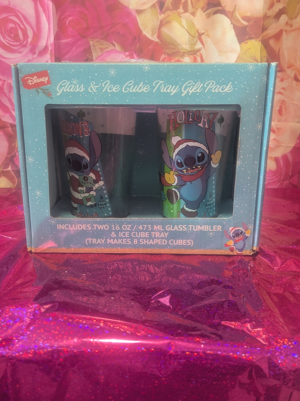 Disney Stitch Holiday Glass Tumblers with Teal Accents
